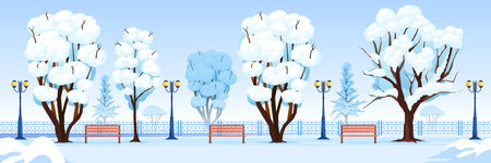 Winter city park horizontal illustration with empty benches and snowy trees cartoon vector illustrationのイラスト素材