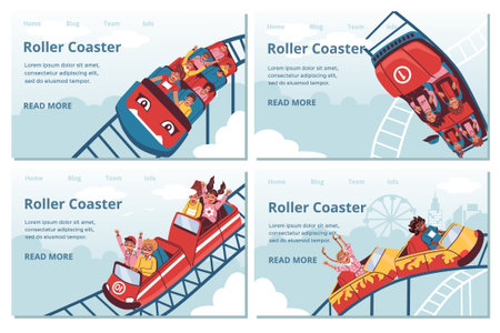 Roller coaster flat set with isolated landing pages clickable links text and people taking amusement rides vector illustrationのイラスト素材