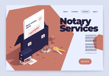 Horizontal notary services landing page isometric banner or landing page with links descriptions and more button vector illustrationのイラスト素材