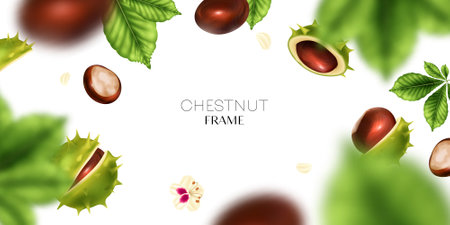 Realistic chestnut frame with nut seeds and shells vector illustrationのイラスト素材