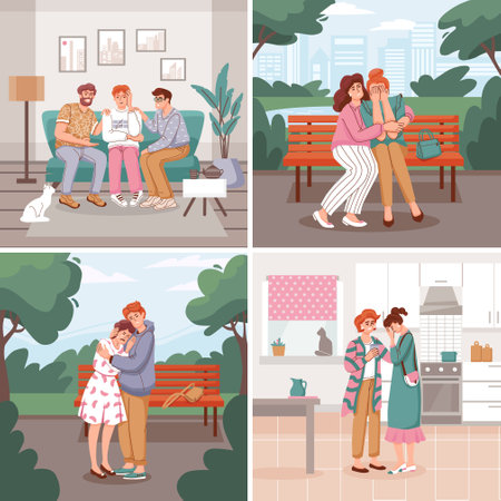 People support flat set of isolated square compositions with hugging partners friends and family member characters vector illustrationのイラスト素材