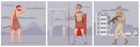 War evolution history set with flat compositions of ancient warrior medieval knight and modern army soldier vector illustrationのイラスト素材