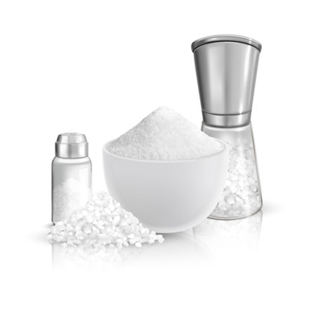 Realistic salt composition with blank background and images of plate with coarse and fine salt cellars vector illustrationのイラスト素材