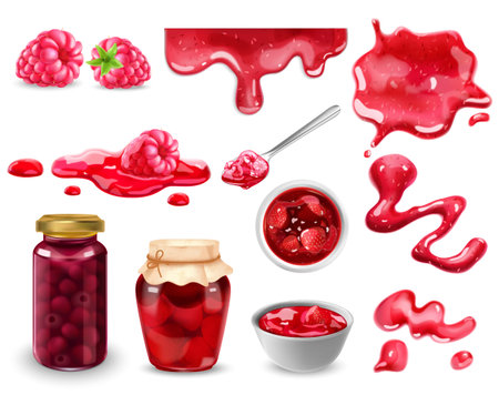 Realistic jam icons set with red garden berries on white background isolated vector illustrationのイラスト素材