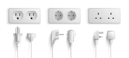 Realistic mockup of electric wall sockets and plugs with different port connectors white set isolated vector illustrationのイラスト素材