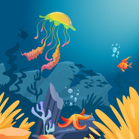 Underwater cartoon colored background with different ocean inhabitants algae and corals flat vector illustrationのイラスト素材