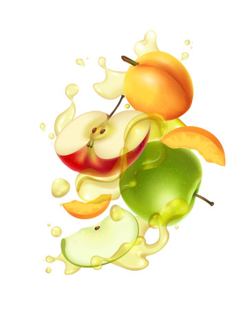 Realistic apple juice splashes with cut and whole fruits vector illusrationのイラスト素材