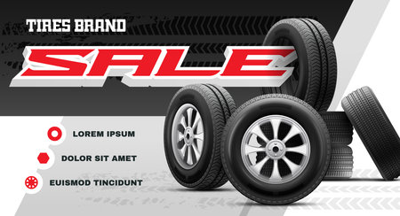 Tires sale realistic horizontal poster decorated with heap of car wheels vector illustrationのイラスト素材