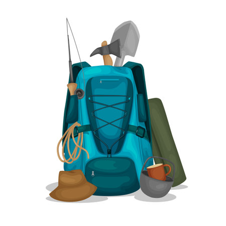 Travel equipment flat composition with backpack axe shovel touristic pot rope isolated vector illustrationのイラスト素材