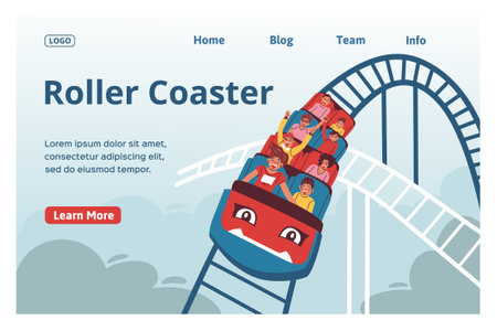 Roller coaster web site landing page with flat images of people in amusement park text links vector illustrationのイラスト素材