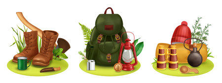 Realistic vintage camping set of three isolated compositions with backpack shoes tools and binocular in grass vector illustrationのイラスト素材