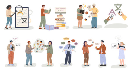 Translation service set with flat compositions of thought bubble icons letters language books and human characters vector illustrationのイラスト素材