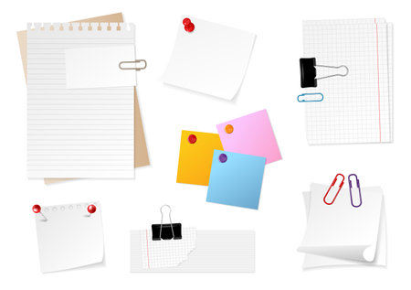 Realistic office paperclip set with isolated empty ragged paper sheets with colorful clips and push pins vector illustrationのイラスト素材