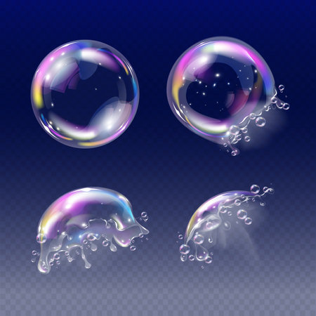 Realistic soap foam bubbles in different stages on explosion on transparent backgroud isolated vector illustrationのイラスト素材