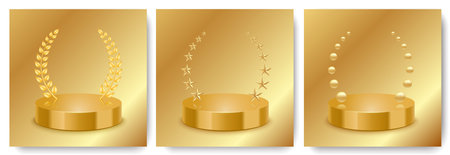 Podium realistic set of three compositions with golden pedestals with laurel wreaths star and bubble shapes vector illustrationのイラスト素材