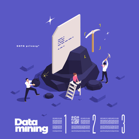 Data management concept composition of isometric icons with document in cliff and business workers with pickaxes vector illustrationのイラスト素材