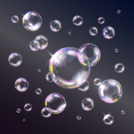 Realistic soap foam rainbow colored bubbles on transparent background vector illustrationのイラスト素材