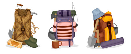 Travel time flat set of backpacks with travel mat rope axe shovel touristic utensil isolated vector illustrationのイラスト素材