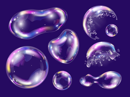 Realistic soap foam bubbles set on dark background isolated vector illustrationのイラスト素材