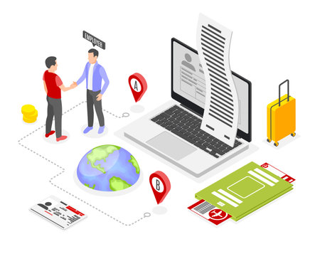 Work migration isometric composition with plane tickets suitcase and man leaving country for employment abroad vector illustrationのイラスト素材