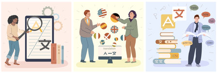 Translation service set of three square compositions with flat icons of gears letters books and people vector illustrationのイラスト素材