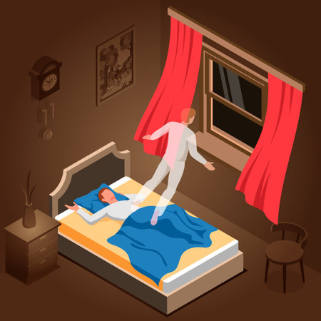 Man in his bedroom experiencing nightmare 3d isometric vector illustrationのイラスト素材