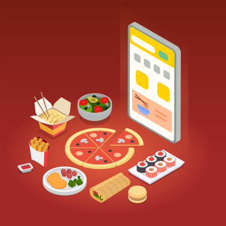 Cloud kitchen concept with food variety symbols isometric vector illustrationのイラスト素材
