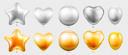 Set with isolated images of realistic flying balloons colored in gold and silver on transparent background vector illustrationのイラスト素材