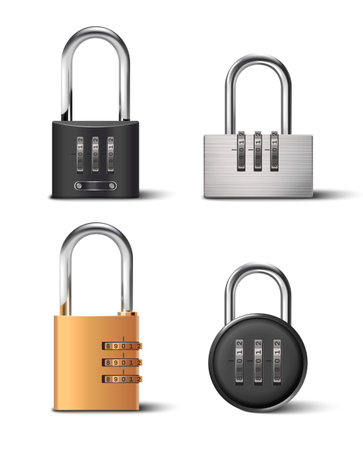 Closed padlocks with security codes realistic icons set isolated vector illustrationのイラスト素材
