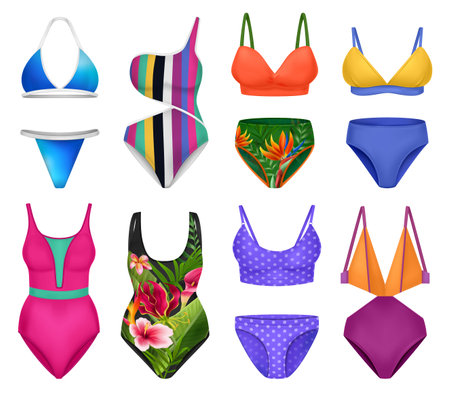 Realistic female swimsuit set with isolated icons of colorful pants and bras with various artwork images vector illustrationのイラスト素材