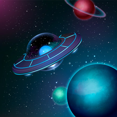 Ufo spacecraft realistic poster with alien spaceship among planets vector illustrationのイラスト素材
