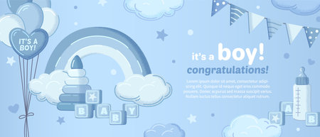 Baby shower cartoon invitation for boy child bithday party vector illustrationのイラスト素材