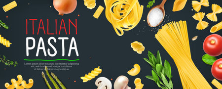 Italian pasta horizontal poster with realistic ingredients on dark background vector illustrationのイラスト素材