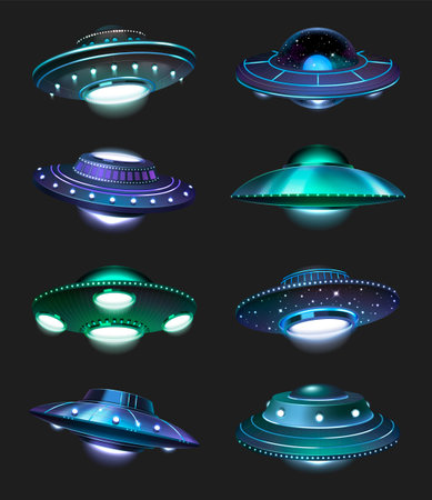Ufo spaceship realistic icons set with alien spacecrafts in color lights isolated vector illustrationのイラスト素材