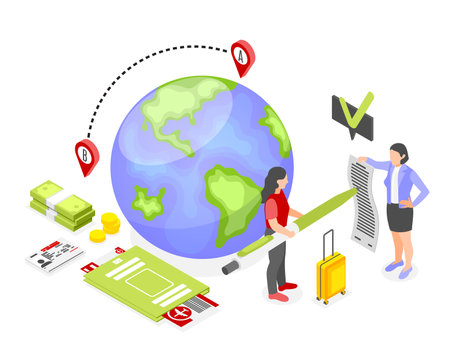 Work migration composition with woman signing employment contract and going to leave country isometric vector illustrationのイラスト素材