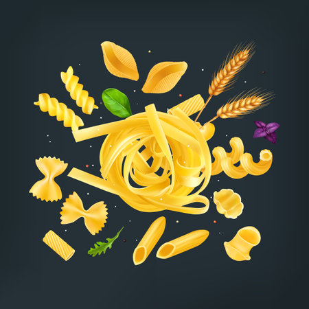 Wheat italian pasta composition with farfalle tagliatelle gnocchi rigatoni fusulli and herbs on black background realistic vector illustrationのイラスト素材