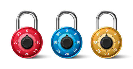 Realistic icons set of multicolored padlocks with numeric codes isolated vector illustrationのイラスト素材