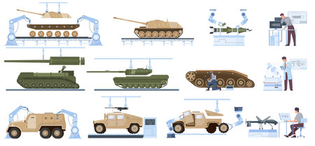 Military production flat set of armored fighting vehicle modern tank strike drone rocket isolated icons vector illustrationのイラスト素材