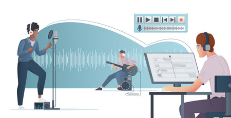 Digital music flat illustration with singer recording music and sound designer working with multimedia software vector illustrationのイラスト素材