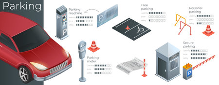 Parking infographic layout with parking machine parking meter secure cabin place for disabled realistic elements vector illustrationのイラスト素材