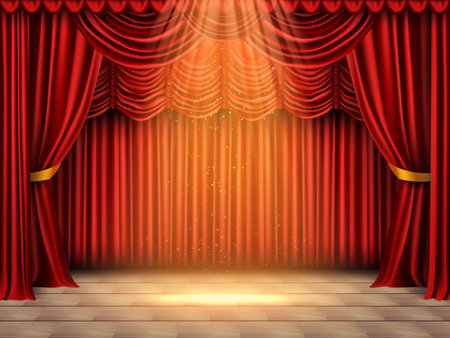 Realistic curtains stage composition with front view of theatrical stage with spot of light and backdrop vector illustrationのイラスト素材