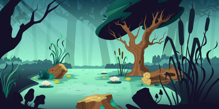 Swamp forest composition with cartoon style landscape huge trees and water with plants and water flowers vector illustrationのイラスト素材