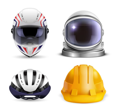 Realistic helmet set with four isolated images of construction hard hat bicycle motorbike and spacesuit helmets vector illustrationのイラスト素材