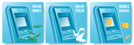 Atm machine mobile banking online money and check realistic set isolated vector illustrationのイラスト素材