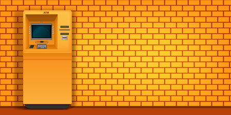 Yellow atm machine front view on brick wall background of same colour realistic vector illustrationのイラスト素材