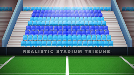Realistic stadium tribune composition with playing field view and sector of empty seats for sport fans vector illustrationのイラスト素材
