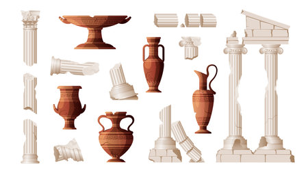 Ancient ruins vases set of isolated icons with greek jars amphoras and pieces of broken columns vector illustrationのイラスト素材