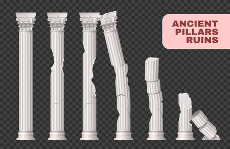 Pillars ruins ancient damaged set of isolated images with solid cracked ancient columns on transparent background vector illustrationのイラスト素材