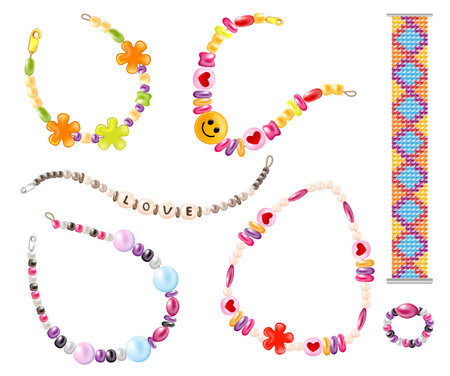 Realistic hippie necklace bracelet set with isolated decorations made of colorful love beads on blank background vector illustrationのイラスト素材