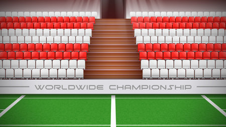 Realistic stadium tribune composition with view of green grass playing ground with white and red seats vector illustrationのイラスト素材